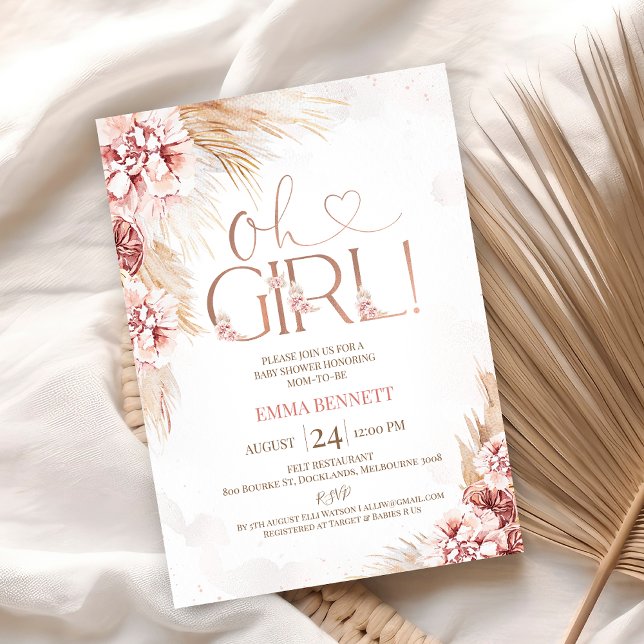 Boho Pampas Grass Oh Girl Baby shower Invitation (Boho Blush Floral Oh Girls Baby Shower Invitation, Pampas Grass, Girls Bohemian Baby Shower Invite)