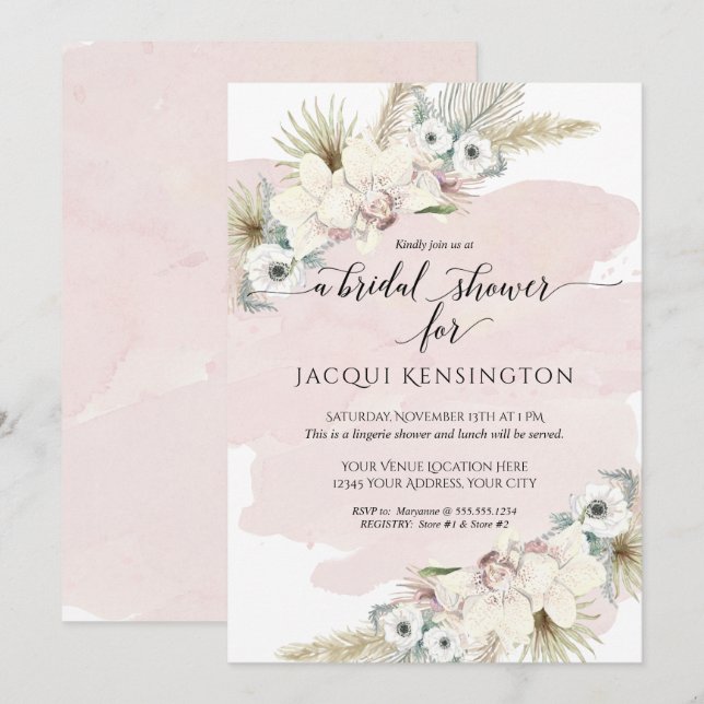 Boho Pampas Grass Orchid Blush Bloral Wedding Einladung (Vorne/Hinten)