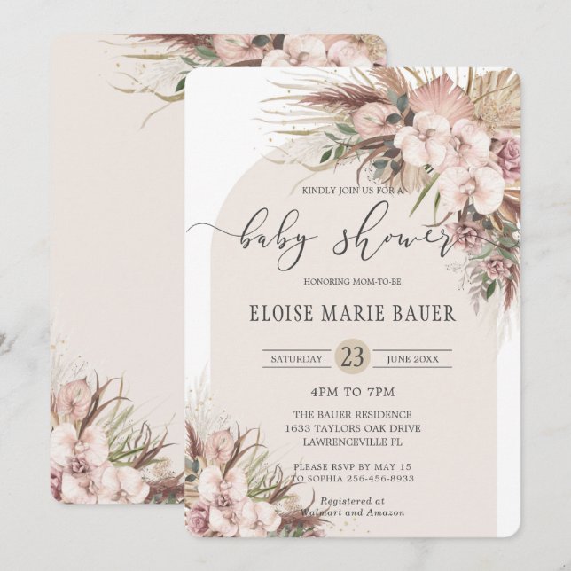 Boho Pampas Grass Orchid Floral Arch Baby Dusche Einladung (Vorne/Hinten)