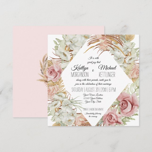 BOHO Pampas Grass Palm Foliage Blush Orchester Flo Einladung (Vorne/Hinten)