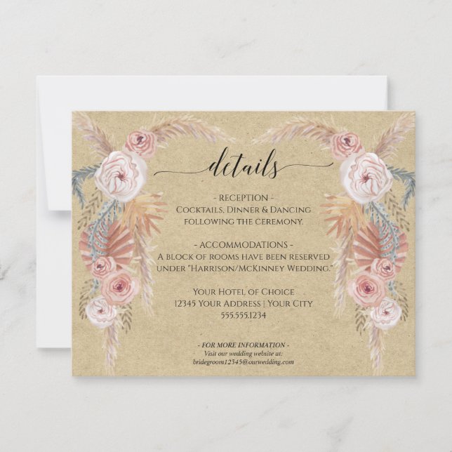 Boho Pampas Grass Palm Foliage Hochzeitdetails Einladung (Vorderseite)