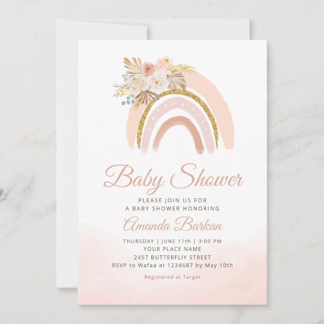 Boho Pampas Grass pink Rainbow Girl Baby Showroom Einladung (Vorderseite)