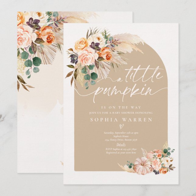 Boho Pampas Grass Pumpkin Baby Shower Mute Tones Einladung (Vorne/Hinten)