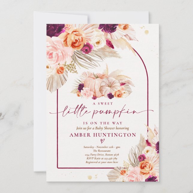 Boho Pampas Grass Pumpkin Burgundy Baby Shower Einladung (Vorderseite)