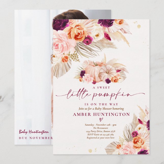 Boho Pampas Grass Pumpkin Burgundy Baby Shower Einladung (Vorne/Hinten)