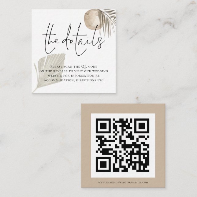 Boho Pampas Grass QR Code Hochzeitsdetails Begleitkarte (Vorne/Hinten)