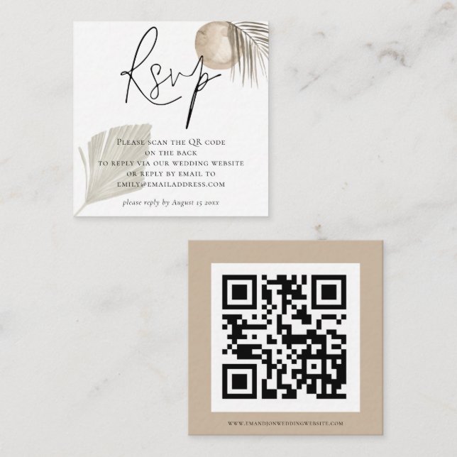 Boho Pampas Grass QR Code Wedding RSVP Begleitkarte (Vorne/Hinten)