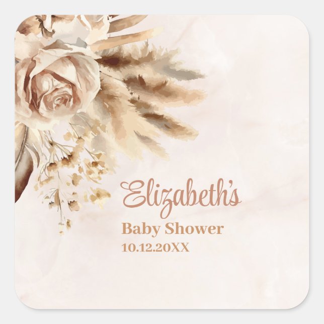 Boho Pampas Grass Rose Babydusche Quadratischer Aufkleber (Vorderseite)