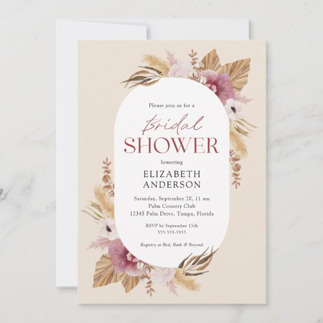 Boho Pampas Grass Rose Gold Einladung (Vorderseite)