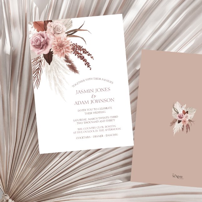 Boho Pampas Grass Rustic Terracotta Wedding Einladung (Boho Dusty Pink Dried Flowers Pampas Grass Wedding Invitation)