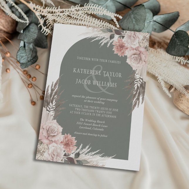 Boho Pampas Grass Sage Green Floral Wedding Einladung (Von Creator hochgeladen)