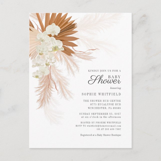 Boho Pampas Grass Terracotta Floral Baby Dusche Einladungspostkarte (Vorderseite)