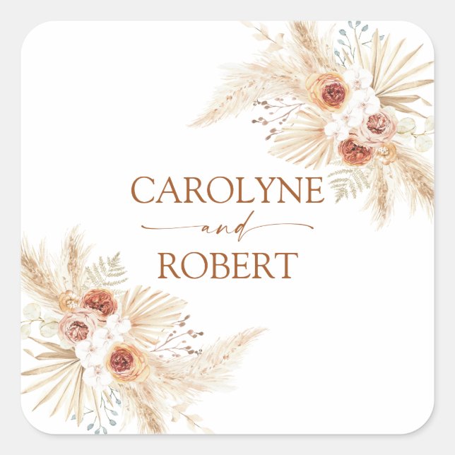Boho Pampas Grass Terracotta Wedding Quadratischer Aufkleber (Vorderseite)