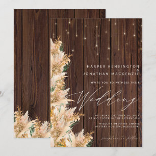 Boho Pampas Grass Twinkle Lights Wood Wedding Einladung