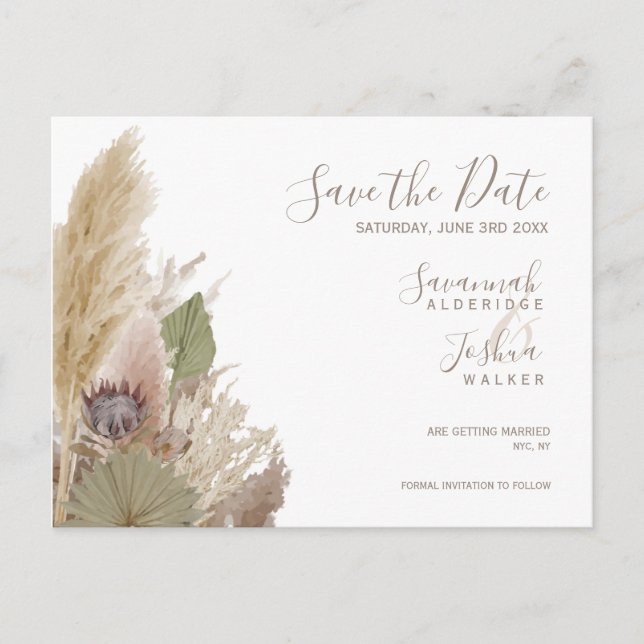 BOHO PAMPAS GRASS WATERCOLOR SAVE THE DATE POSTKARTE (Vorderseite)