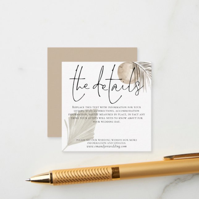Boho Pampas Grass Wedding Details Begleitkarte (Vorderseite/Rückseite Beispiel)