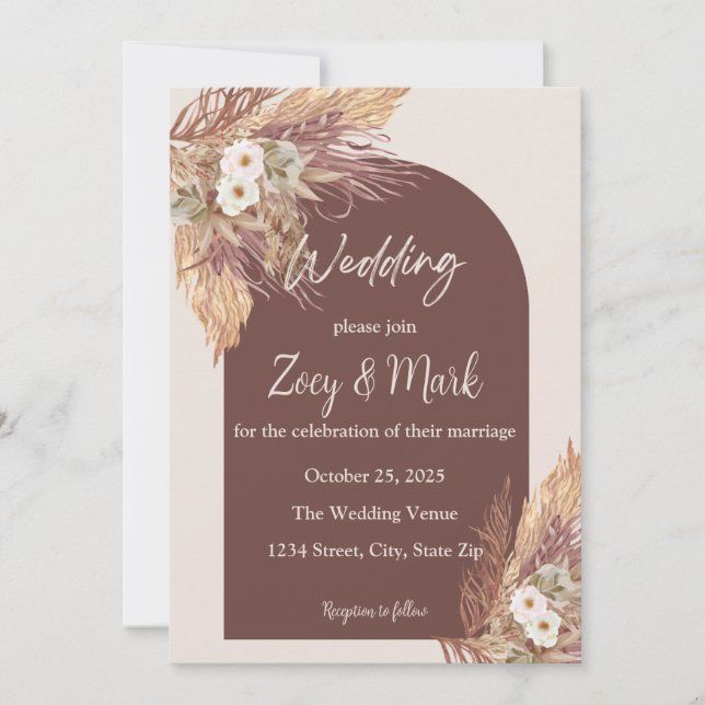 Boho Pampas Grass Wedding Invitation — Terracotta Einladung (Vorderseite)