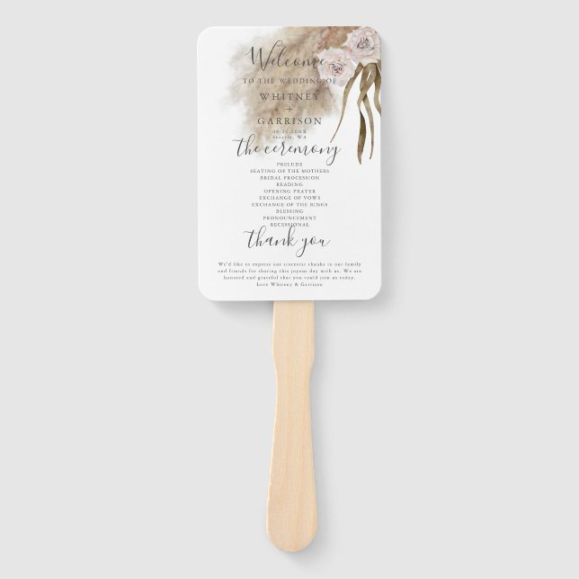 Boho Pampas Grass Wedding Program Hand Fan Fächer (Vorderseite)