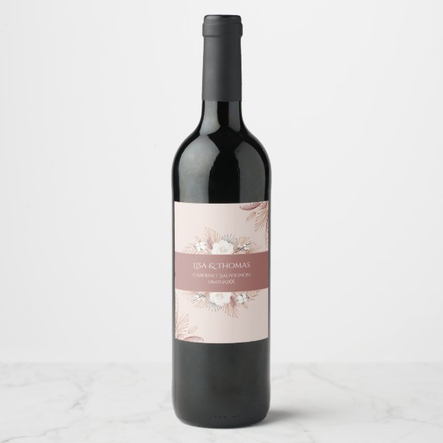 Boho Pampas Grass Wedding Wein Flasche Etikett (Vorderseite)