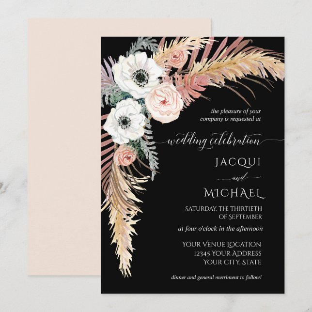 Boho Pampas Grass Weiße Blütenblätterung Einladung (Vorne/Hinten)