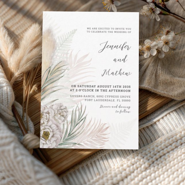 Boho Pampas Grass & White Floral Wedding Einladung (Von Creator hochgeladen)