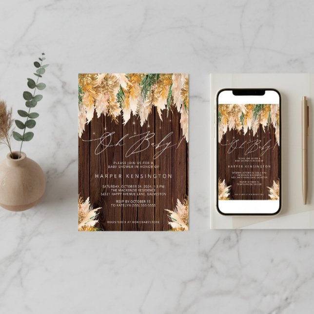 Boho Pampas Grass Wood Twinkle Lights Babydusche Einladung (Boho Pampas Grass Wood Twinkle Lights Baby Shower Invitation)