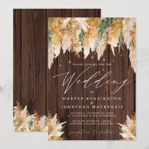 Boho Pampas Grass Wood Twinkle Lights Hochzeit Einladung