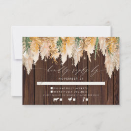 Boho Pampas Grass Wood Twinkle Lights Wedding RSVP Karte