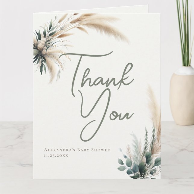 Boho Pampas Greenery Calligraphy Chic Baby Shower Dankeskarte (Vorderseite)
