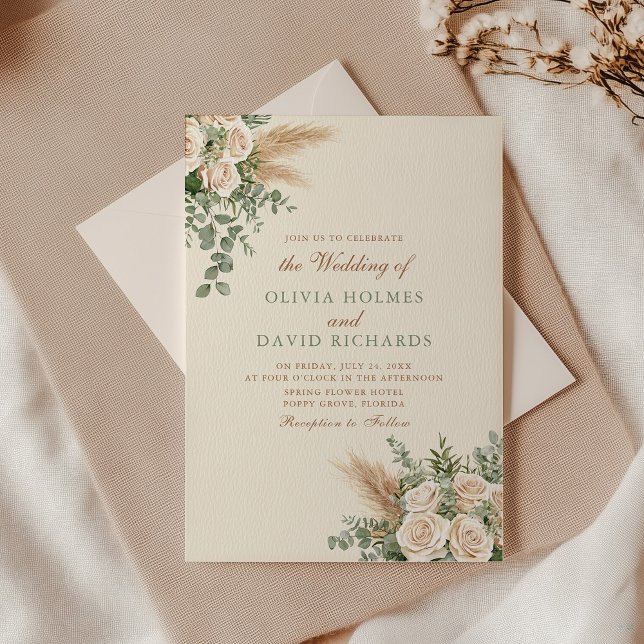 Boho Pampas Gris & Rose blanche Faire-part de mari (Boho Pampas Grass & White Rose Wedding Invitation with envelope on an elegant wedding table)