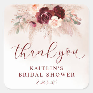 Boho-Pampas-Hochzeit Brautparty Burgunderrosen Quadratischer Aufkleber