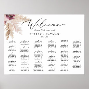Boho Pampas Horizontal Alphabetische Sitzkarte Poster