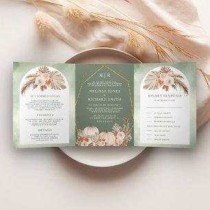 Boho Pampas Kürbis Blumen Salbei Grün Herbsthochze Dreifach Gefaltete Einladung