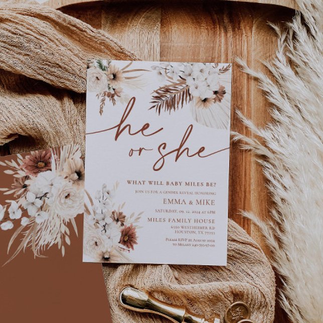Boho Pampas Lui ou elle Genre Reveillez Invitation (Créateur téléchargé)