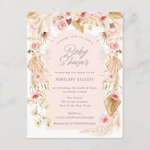 Boho Pampas mit rosa blumengeschmückter Babydusche Einladungspostkarte