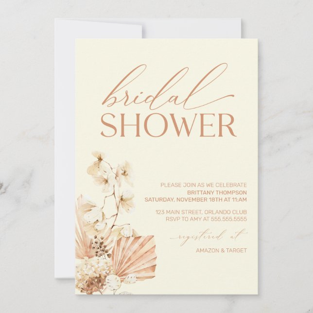 Boho Pampas Modern Bridal Shower floral Invitation (Devant)