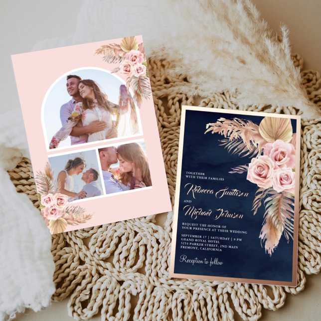 Boho Pampas Navy Blue Dusty Pink Wedding Rose Gold Folieneinladung (Von Creator hochgeladen)