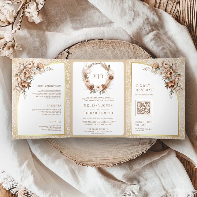 Boho Pampas Neutral Beige Erthy Floral Wedding Dreifach Gefaltete Einladung (Von Creator hochgeladen)