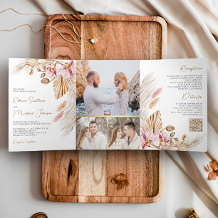 Boho Pampas Pink Orchid Floral QR Code Hochzeit Dreifach Gefaltete Einladung