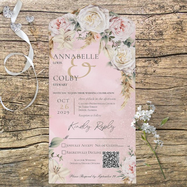 Boho Pampas & Pink Roses Pink QR Code All In One Einladung (Also available without a QR code; with or without dinner selection options.)