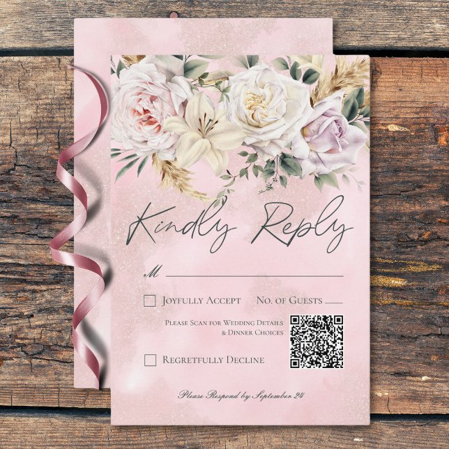 Boho Pampas & Pink Roses Wedding QR Code RSVP Karte (Boho Pampas & Pink Roses Wedding QR Code RSVP Card)