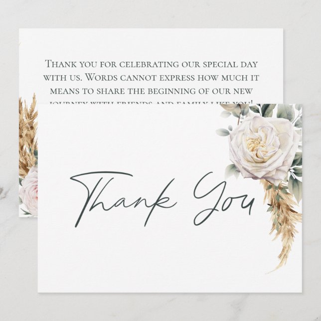 Boho Pampas & Pink Roses White Wedding Dankeskarte (Vorne/Hinten)