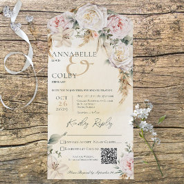Boho Pampas & Pink Roses Yellow QR Code All In One Einladung