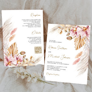 Boho Pampas Pinke Orchideen Blumen QR Code Hochzei Einladung
