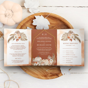 Boho Pampas Pumpkin Floral Terracotta Hochzeit im Dreifach Gefaltete Einladung