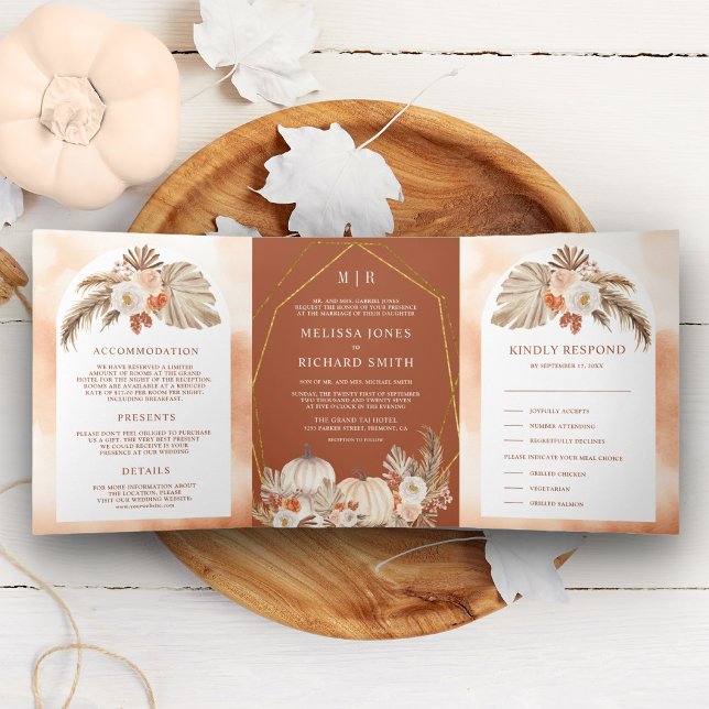 Boho Pampas Pumpkin Floral Terracotta Hochzeit im  Dreifach Gefaltete Einladung (Von Creator hochgeladen)