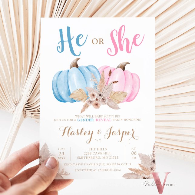 Boho Pampas Pumpkin Pink Blue Gender Reveal Party Einladung (Von Creator hochgeladen)