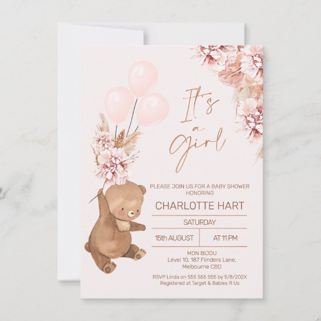 Boho Pampas Rose Gold Bären Balloons Babydusche Einladung (Vorderseite)