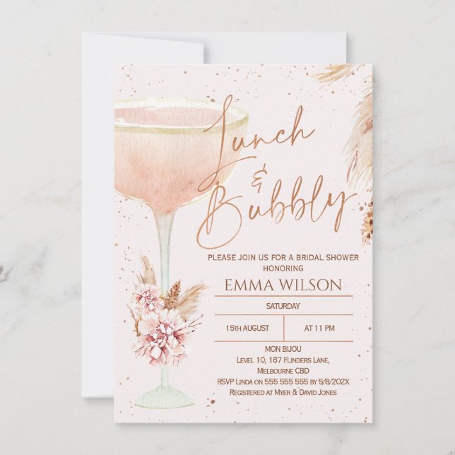 Boho Pampas Rose Gold Lunch Bubbly Brautparty Einladung (Vorderseite)