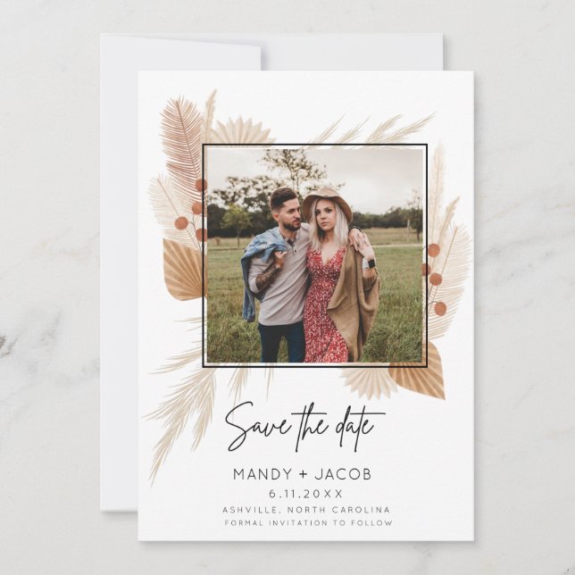 Boho Pampas Rustikales Foto Hochzeit speichern das Save The Date (Vorderseite)